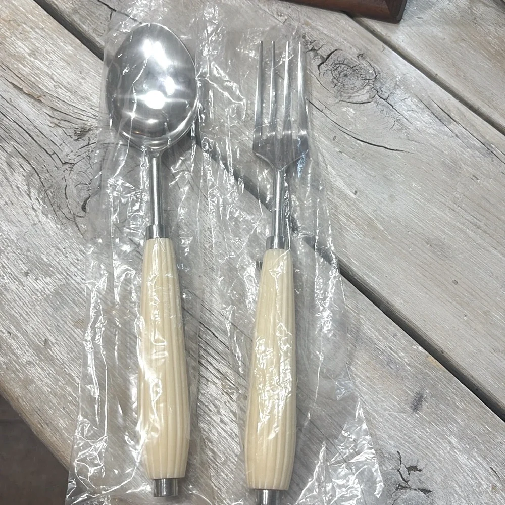 NWOT Stainless Steel Serving Set. Spoon | Fork. 11.5”L Trendy | Ribbed Design
